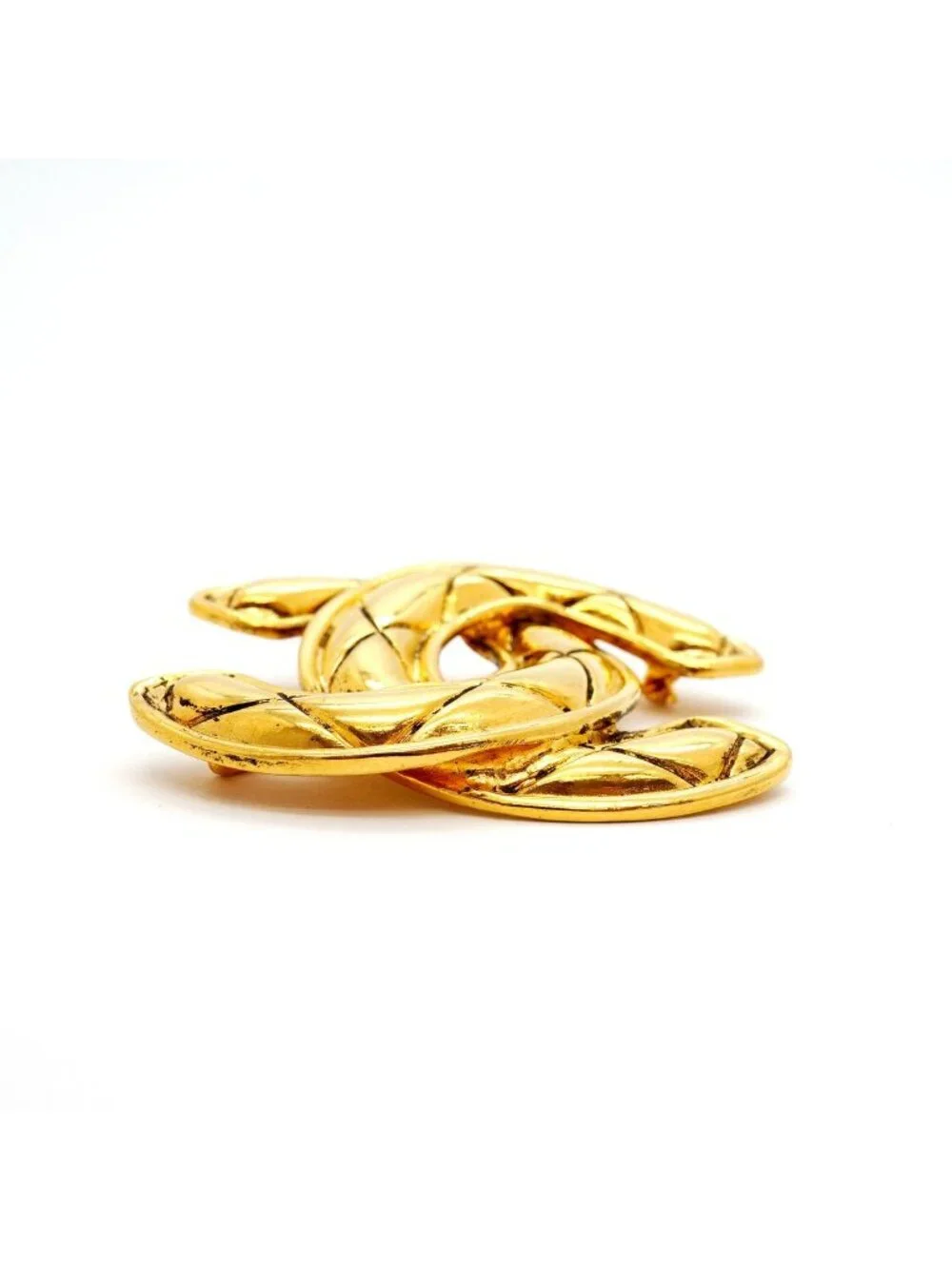 Chanel Brooch Vintage CC Logo Quilted Gold Plated